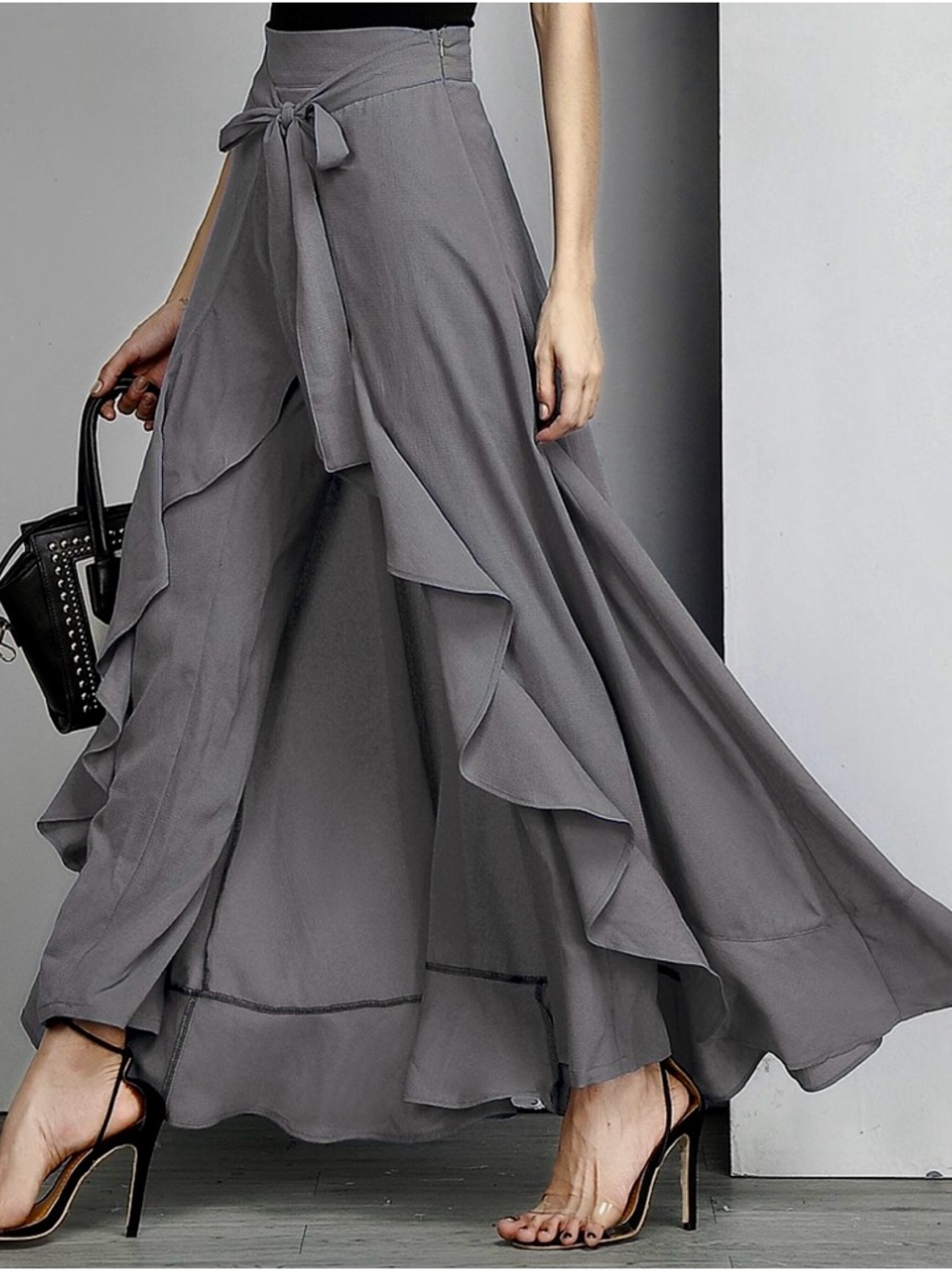 Gray Ruffle Maxi Skirt with Tie Waist
